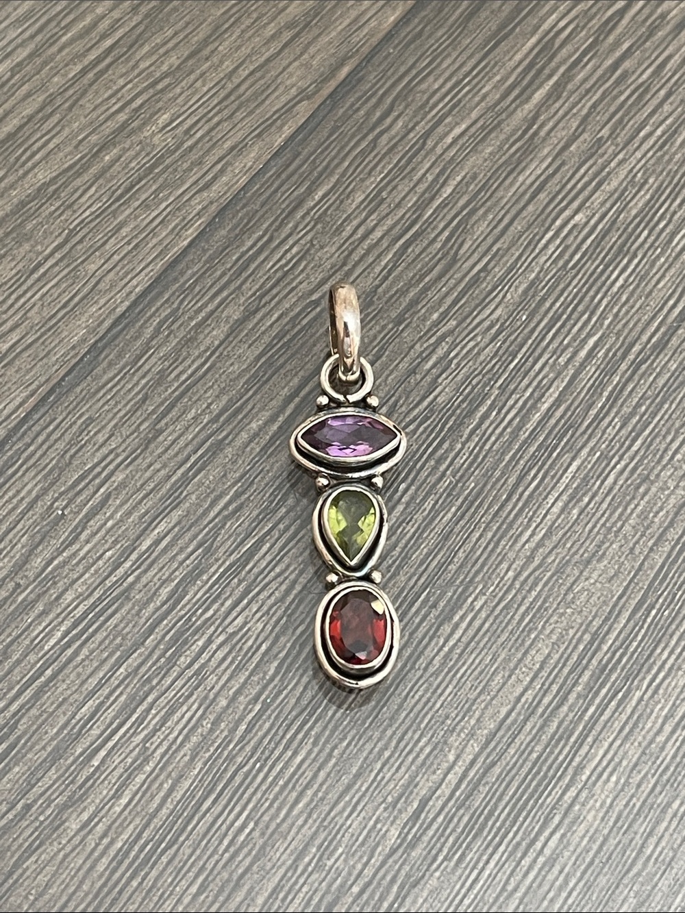 Vintage Sterling Silver Multi-gemstone Drop Pendant - Topaz, Peridot & Garn
